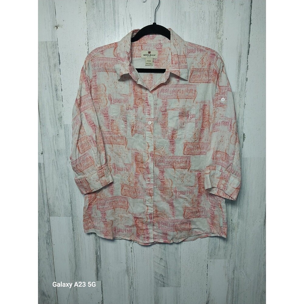 Woolrich Pink & Beige Paisley Button Down Shirt Roll Tab Sleeves Size Large